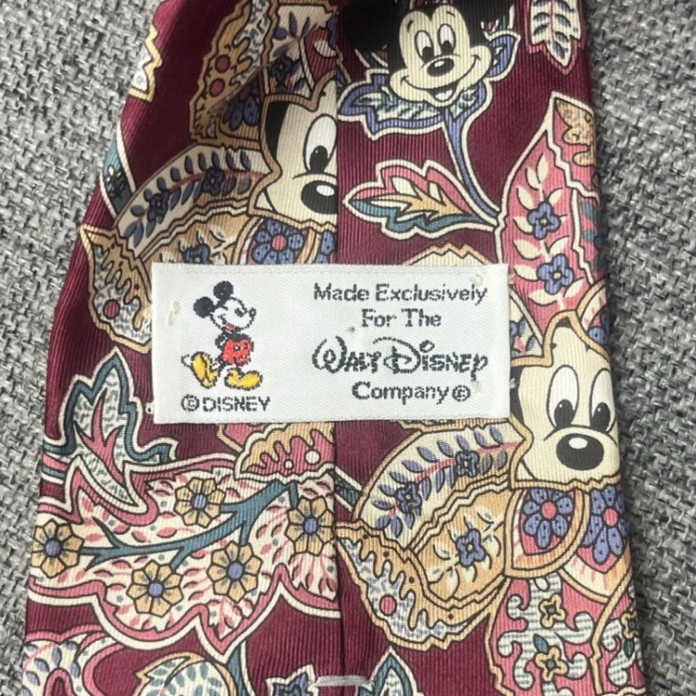 Disney Mickey Mouse Mens Silk Tie Burgundy Paisley Floral Made in USA